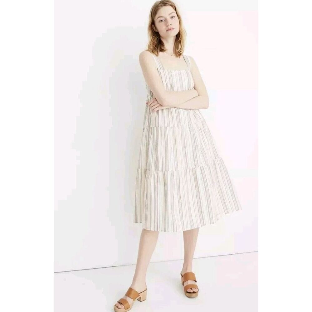 Madewell Women’s Button-Back Tiered Dress in Textural Rainbow Stripe Size 12
